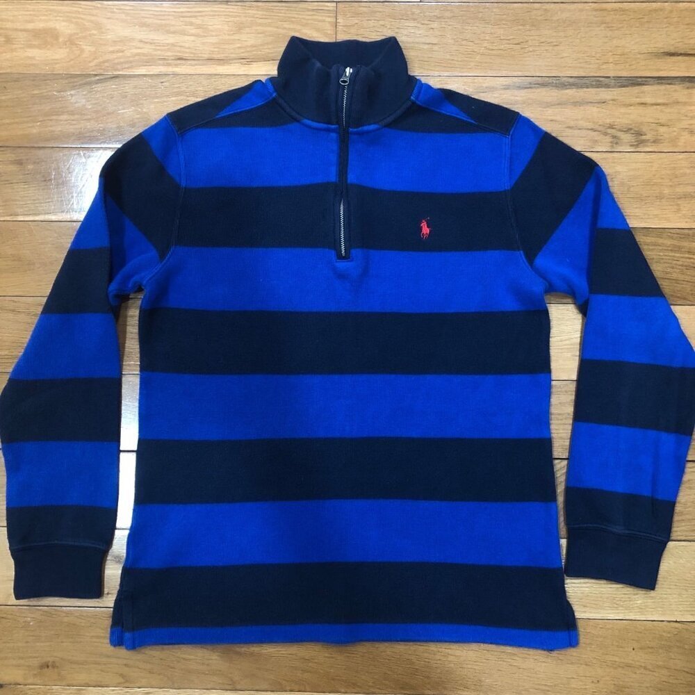 Polo Ralph Lauren 1/4 Zip Long Sleeve Royal & Navy Striped Polo Size L (14-16)